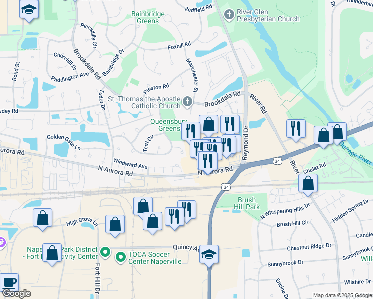 map of restaurants, bars, coffee shops, grocery stores, and more near 725 Small Court in Naperville
