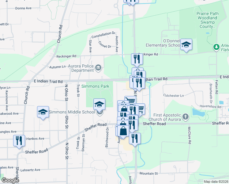 map of restaurants, bars, coffee shops, grocery stores, and more near 1121 Austin Avenue in Aurora