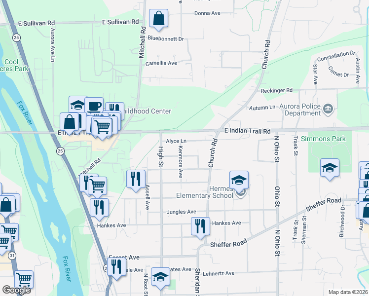 map of restaurants, bars, coffee shops, grocery stores, and more near 618 Glenview Avenue in Aurora