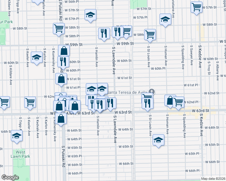map of restaurants, bars, coffee shops, grocery stores, and more near 6144 South Lawndale Avenue in Chicago