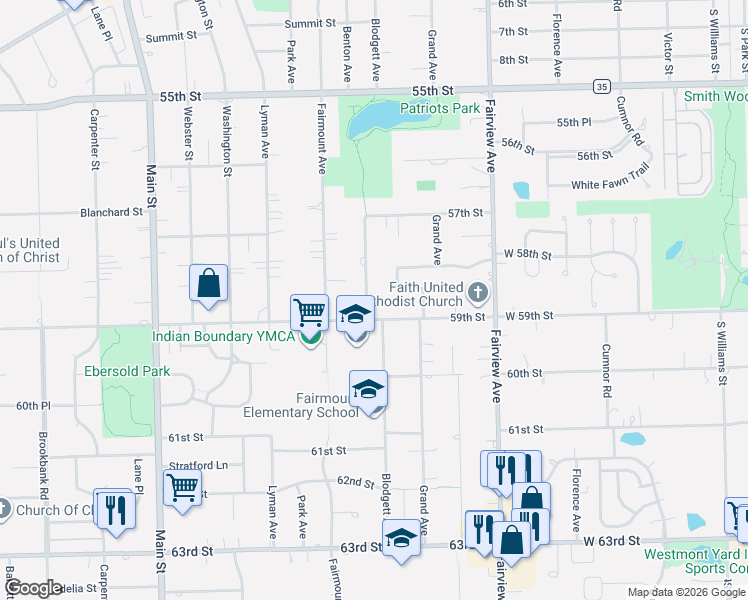 map of restaurants, bars, coffee shops, grocery stores, and more near 5823 Dearborn Parkway in Downers Grove