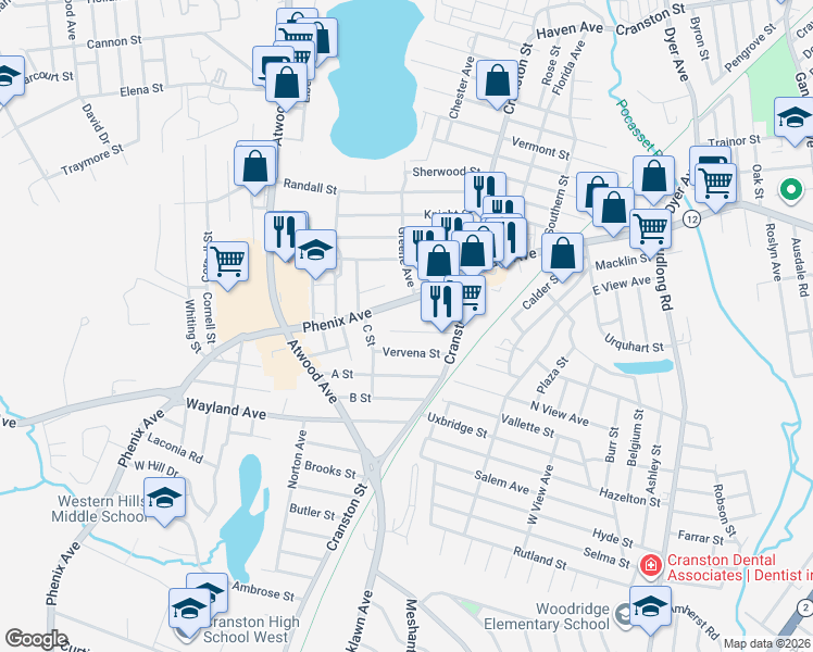 map of restaurants, bars, coffee shops, grocery stores, and more near 47 Bolton Street in Cranston