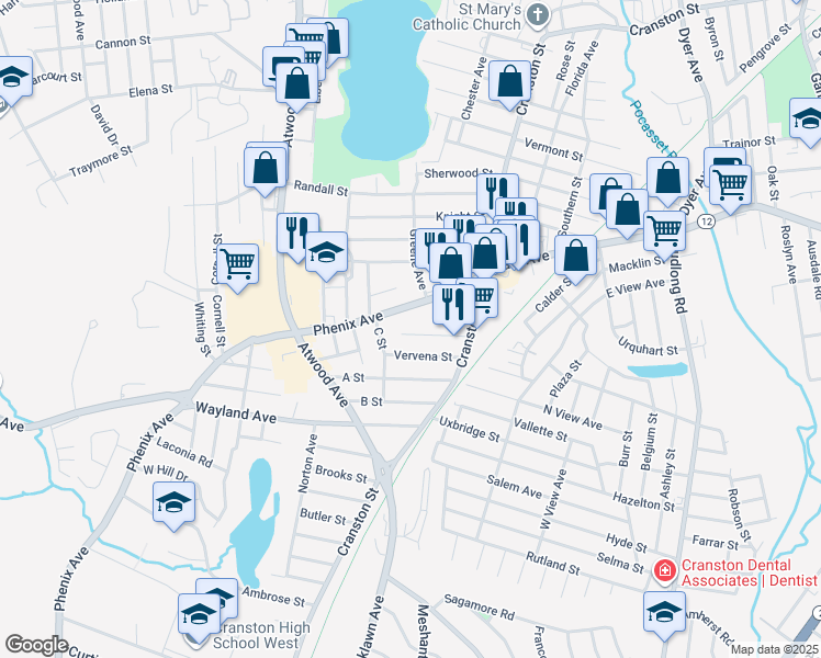 map of restaurants, bars, coffee shops, grocery stores, and more near 47 Bolton Street in Cranston