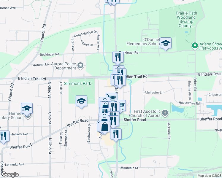 map of restaurants, bars, coffee shops, grocery stores, and more near 1110 North Farnsworth Avenue in Aurora