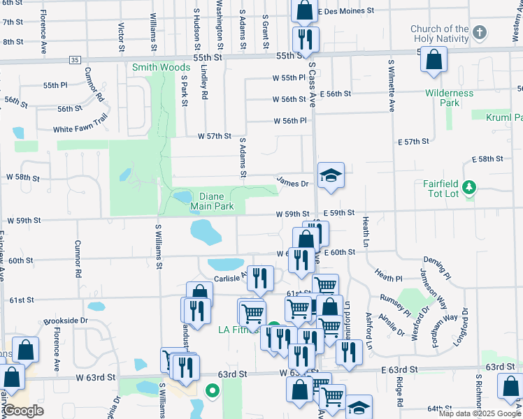 map of restaurants, bars, coffee shops, grocery stores, and more near 60 West 59th Street in Westmont