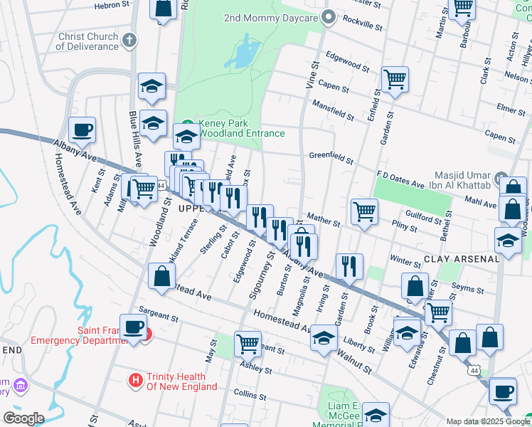 map of restaurants, bars, coffee shops, grocery stores, and more near 124-126 Edgewood Street in Hartford