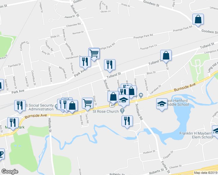 map of restaurants, bars, coffee shops, grocery stores, and more near 50 School Street in East Hartford