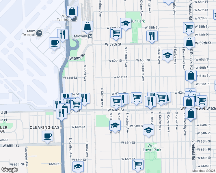 map of restaurants, bars, coffee shops, grocery stores, and more near 6137 South Kilbourn Avenue in Chicago