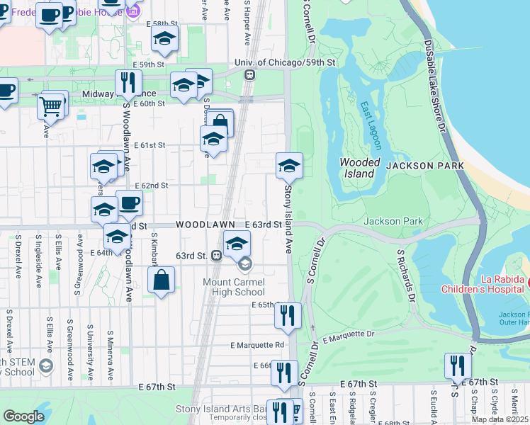 map of restaurants, bars, coffee shops, grocery stores, and more near 6254 South Park Shore East Court in Chicago