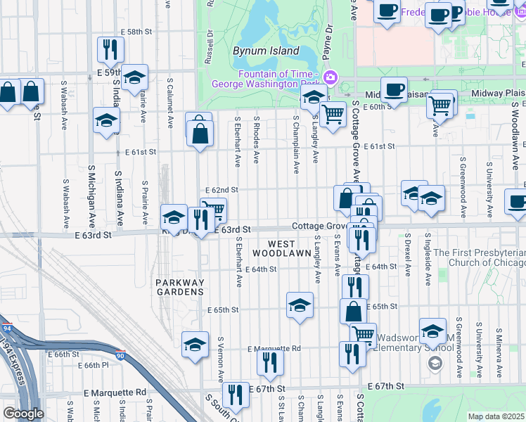 map of restaurants, bars, coffee shops, grocery stores, and more near 6233 South Rhodes Avenue in Chicago