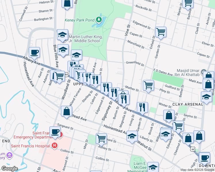 map of restaurants, bars, coffee shops, grocery stores, and more near 124-126 Edgewood Street in Hartford