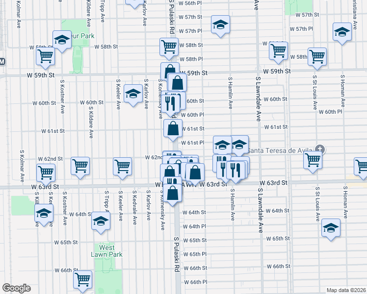 map of restaurants, bars, coffee shops, grocery stores, and more near 3930 West 62nd Street in Chicago