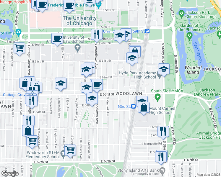 map of restaurants, bars, coffee shops, grocery stores, and more near 6245 South Kimbark Avenue in Chicago