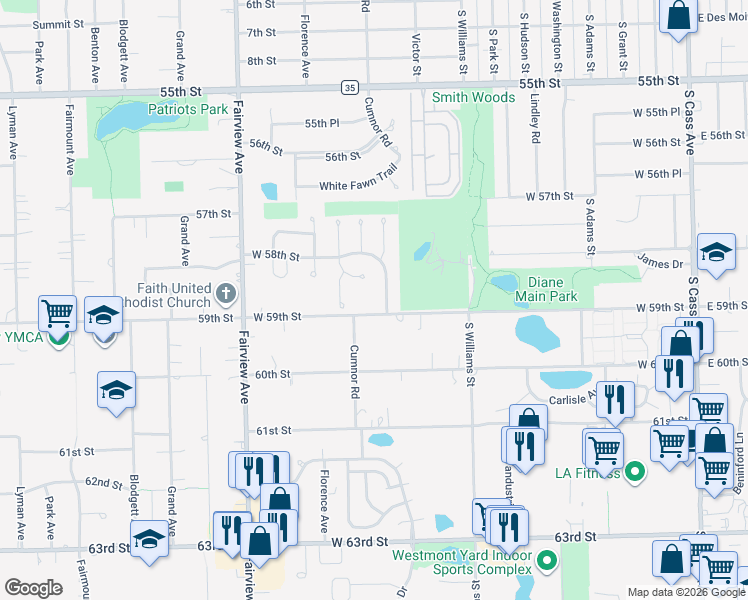 map of restaurants, bars, coffee shops, grocery stores, and more near 532 West 59th Street in Westmont