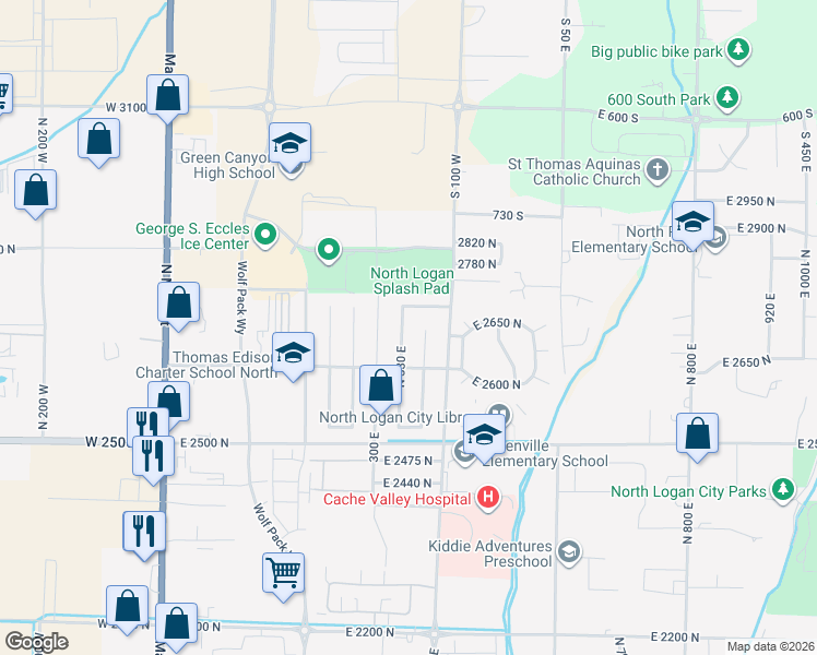 map of restaurants, bars, coffee shops, grocery stores, and more near 2664 North 330 East in North Logan