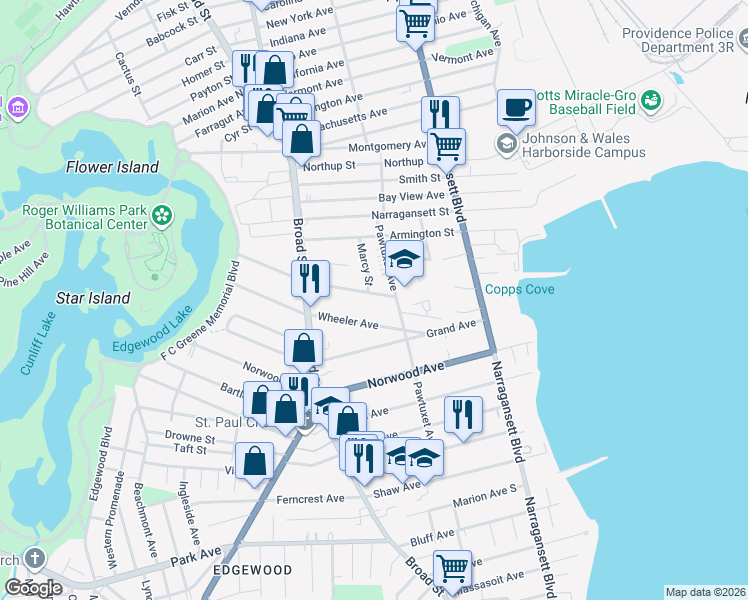 map of restaurants, bars, coffee shops, grocery stores, and more near 98 Wentworth Avenue in Cranston
