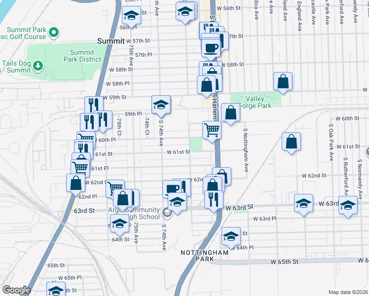 map of restaurants, bars, coffee shops, grocery stores, and more near 7306 West 61st Street in Summit