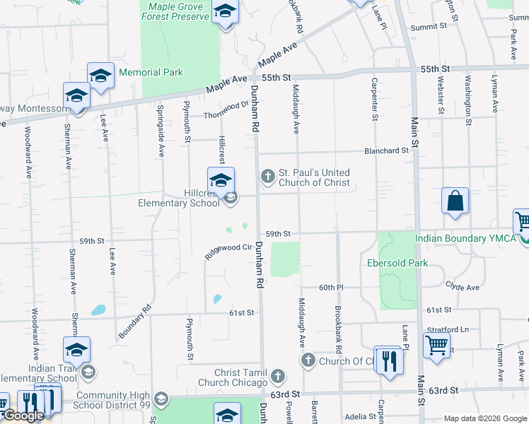 map of restaurants, bars, coffee shops, grocery stores, and more near 5819 Dunham Road in Downers Grove