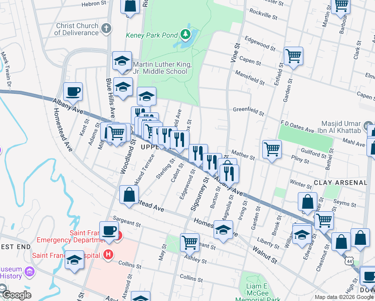 map of restaurants, bars, coffee shops, grocery stores, and more near 14 Lenox Street in Hartford