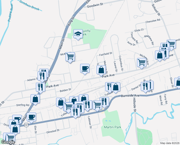 map of restaurants, bars, coffee shops, grocery stores, and more near 19 Franklin Street in East Hartford