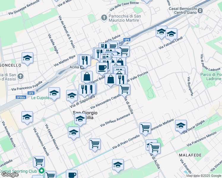 map of restaurants, bars, coffee shops, grocery stores, and more near 24 Via di Saponara in Città metropolitana di Roma Capitale