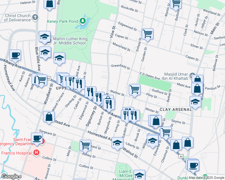 map of restaurants, bars, coffee shops, grocery stores, and more near 256 Mather Street in Hartford