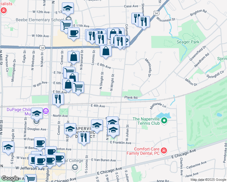 map of restaurants, bars, coffee shops, grocery stores, and more near 510 North Wright Street in Naperville