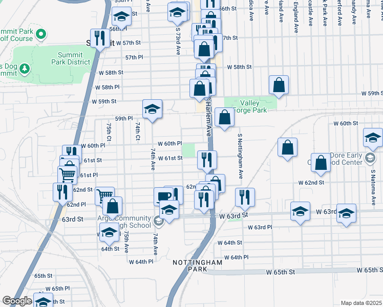 map of restaurants, bars, coffee shops, grocery stores, and more near 6045 West 60th Place in Summit