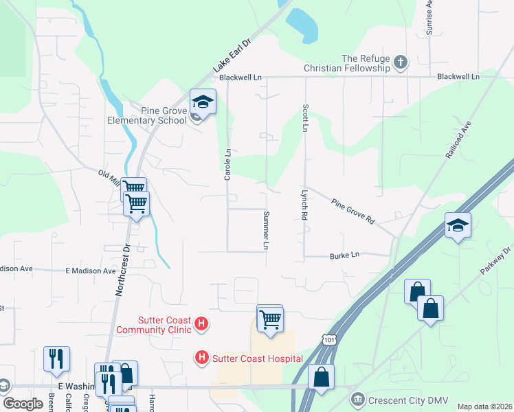 map of restaurants, bars, coffee shops, grocery stores, and more near 915-925 Monopoly Road in Crescent City