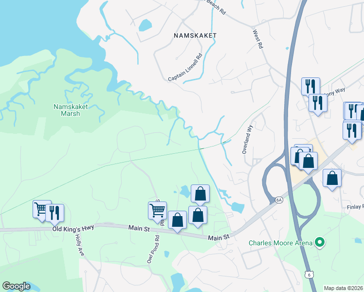 map of restaurants, bars, coffee shops, grocery stores, and more near Cape Cod Rail Trail in Orleans