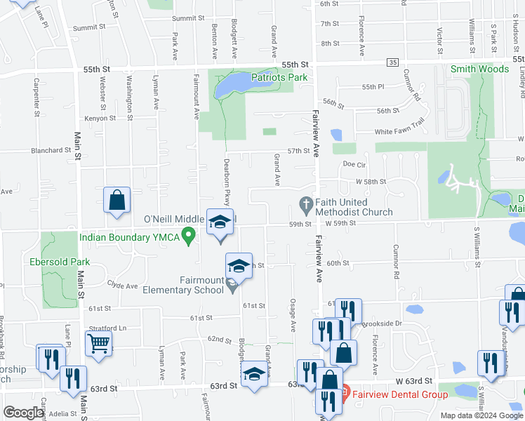map of restaurants, bars, coffee shops, grocery stores, and more near 515 Eldon Place in Downers Grove