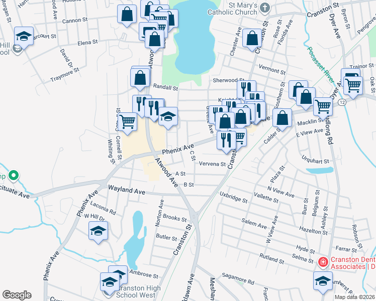 map of restaurants, bars, coffee shops, grocery stores, and more near 11 C Street in Cranston