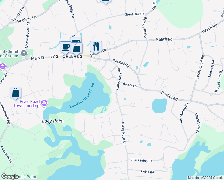 map of restaurants, bars, coffee shops, grocery stores, and more near 6 Bayberry Way in Orleans
