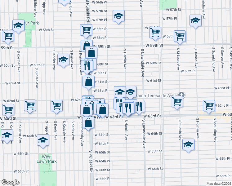map of restaurants, bars, coffee shops, grocery stores, and more near 3815 West 61st Place in Chicago