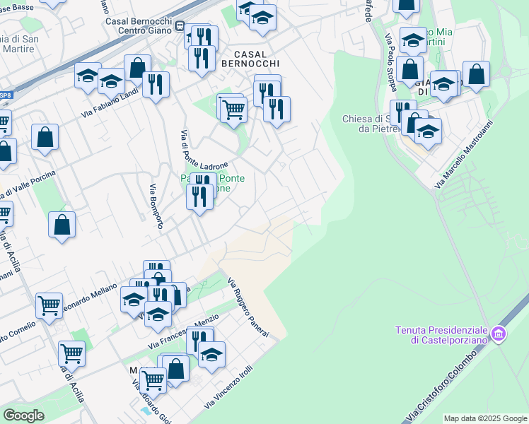 map of restaurants, bars, coffee shops, grocery stores, and more near Via della Cesarina in Rome