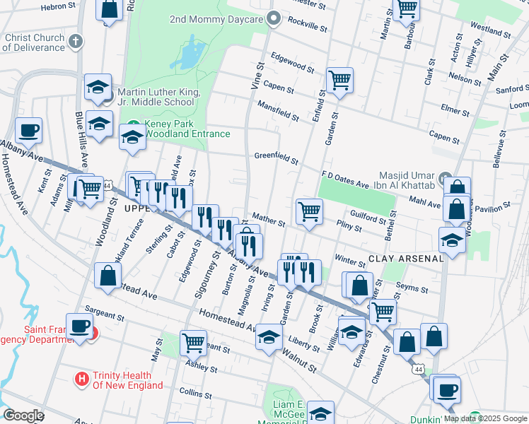map of restaurants, bars, coffee shops, grocery stores, and more near 149 Magnolia Street in Hartford