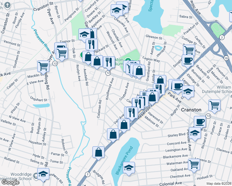 map of restaurants, bars, coffee shops, grocery stores, and more near 108 Calaman Road in Cranston