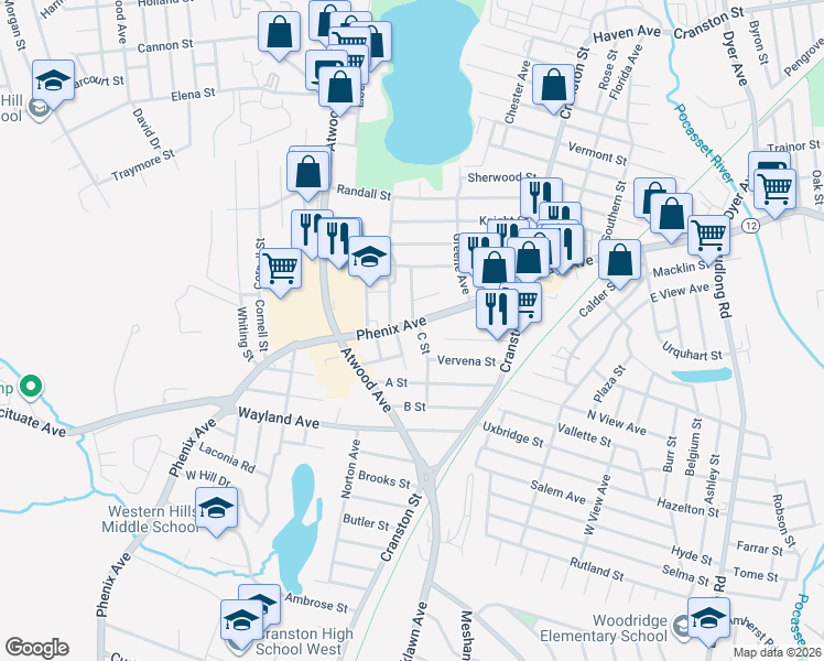 map of restaurants, bars, coffee shops, grocery stores, and more near 11 C Street in Cranston