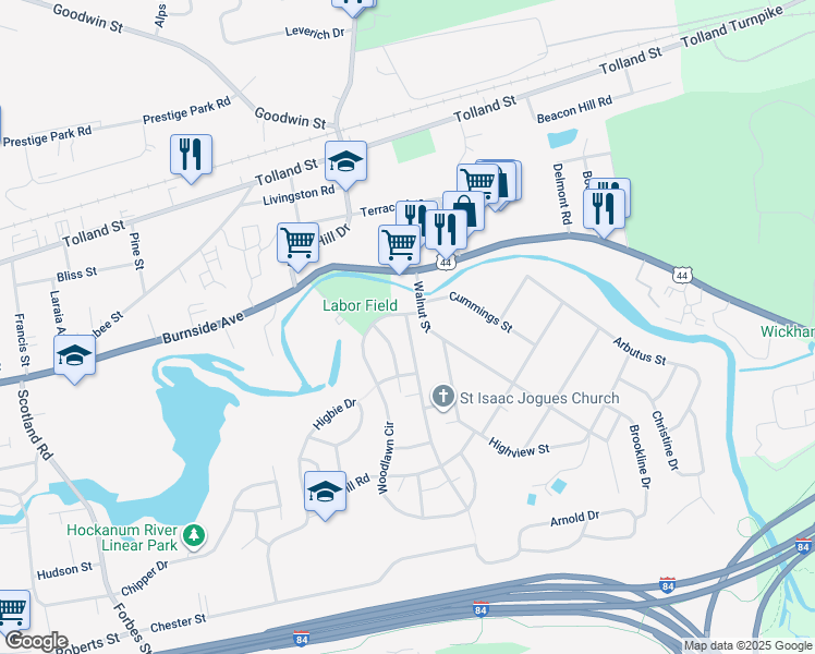 map of restaurants, bars, coffee shops, grocery stores, and more near in East Hartford