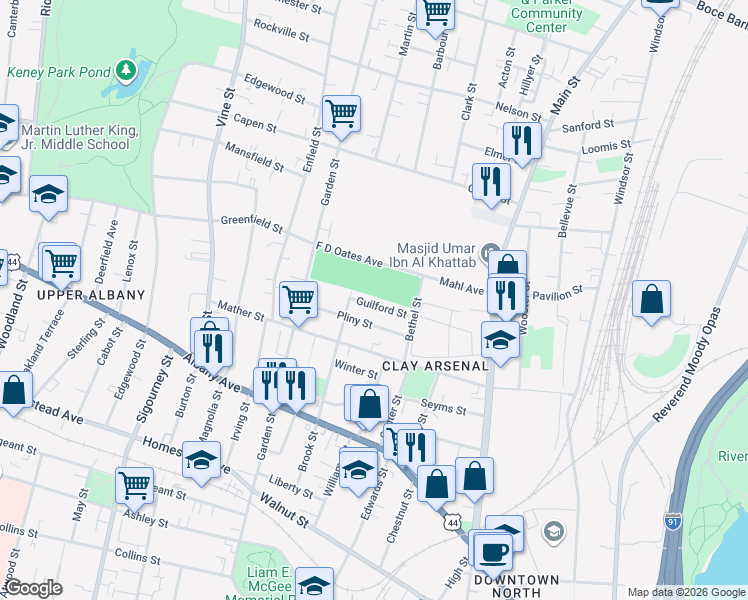 map of restaurants, bars, coffee shops, grocery stores, and more near 34 Guilford Street in Hartford