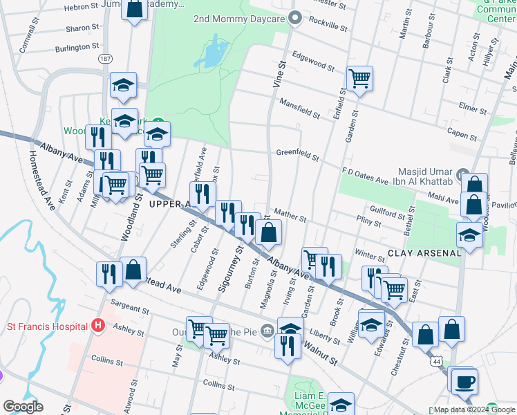 map of restaurants, bars, coffee shops, grocery stores, and more near 56 Vine Street in Hartford