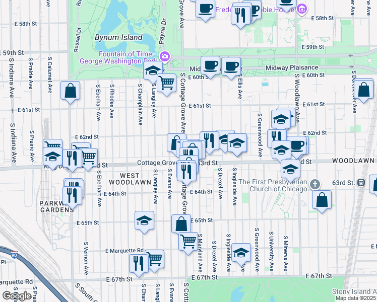 map of restaurants, bars, coffee shops, grocery stores, and more near 800 East 63rd Street in Chicago
