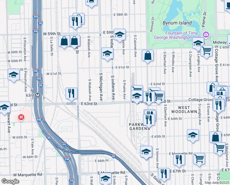 map of restaurants, bars, coffee shops, grocery stores, and more near 6224 South Prairie Avenue in Chicago