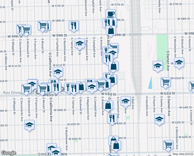 map of restaurants, bars, coffee shops, grocery stores, and more near 2447 West 62nd Street in Chicago