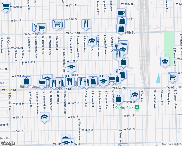 map of restaurants, bars, coffee shops, grocery stores, and more near 6159 South Rockwell Street in Chicago