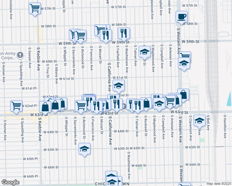 map of restaurants, bars, coffee shops, grocery stores, and more near 2750 West 62nd Street in Chicago