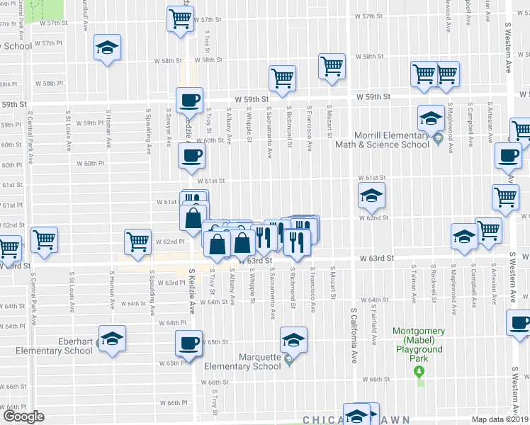 map of restaurants, bars, coffee shops, grocery stores, and more near 3008 West 62nd Street in Chicago