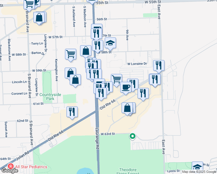 map of restaurants, bars, coffee shops, grocery stores, and more near 6003 South La Grange Road in Countryside