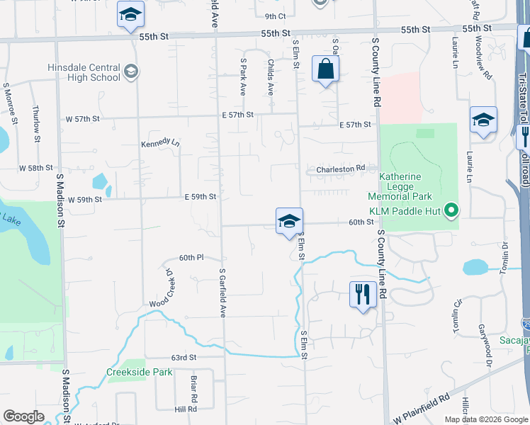 map of restaurants, bars, coffee shops, grocery stores, and more near 302 60th Street in Burr Ridge