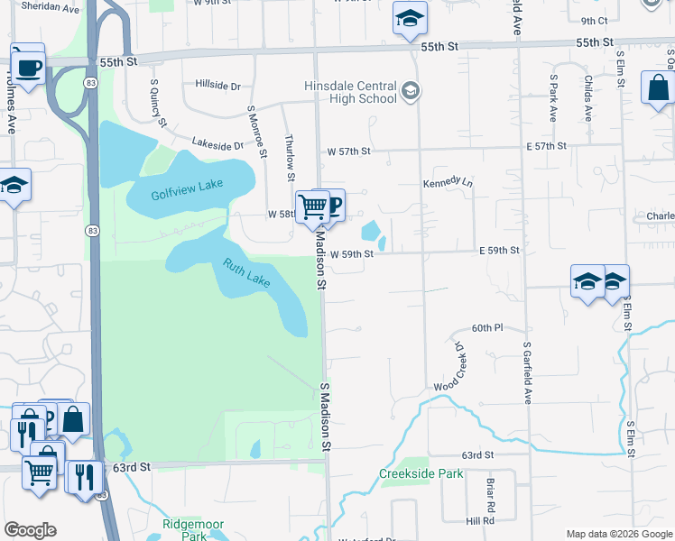map of restaurants, bars, coffee shops, grocery stores, and more near 493 Old Surrey Road in Hinsdale